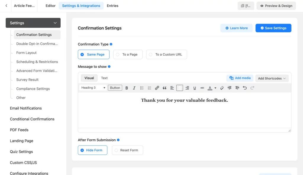 Settings and Integrations interface of Fluent Forms